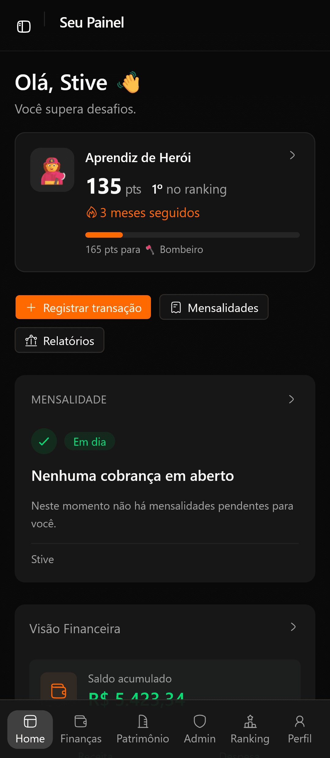 Painel Caloré no telemóvel — modo escuro